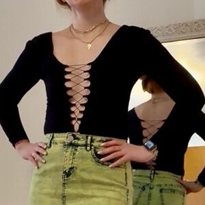 Black Lace-Up Long sleeve Body suit